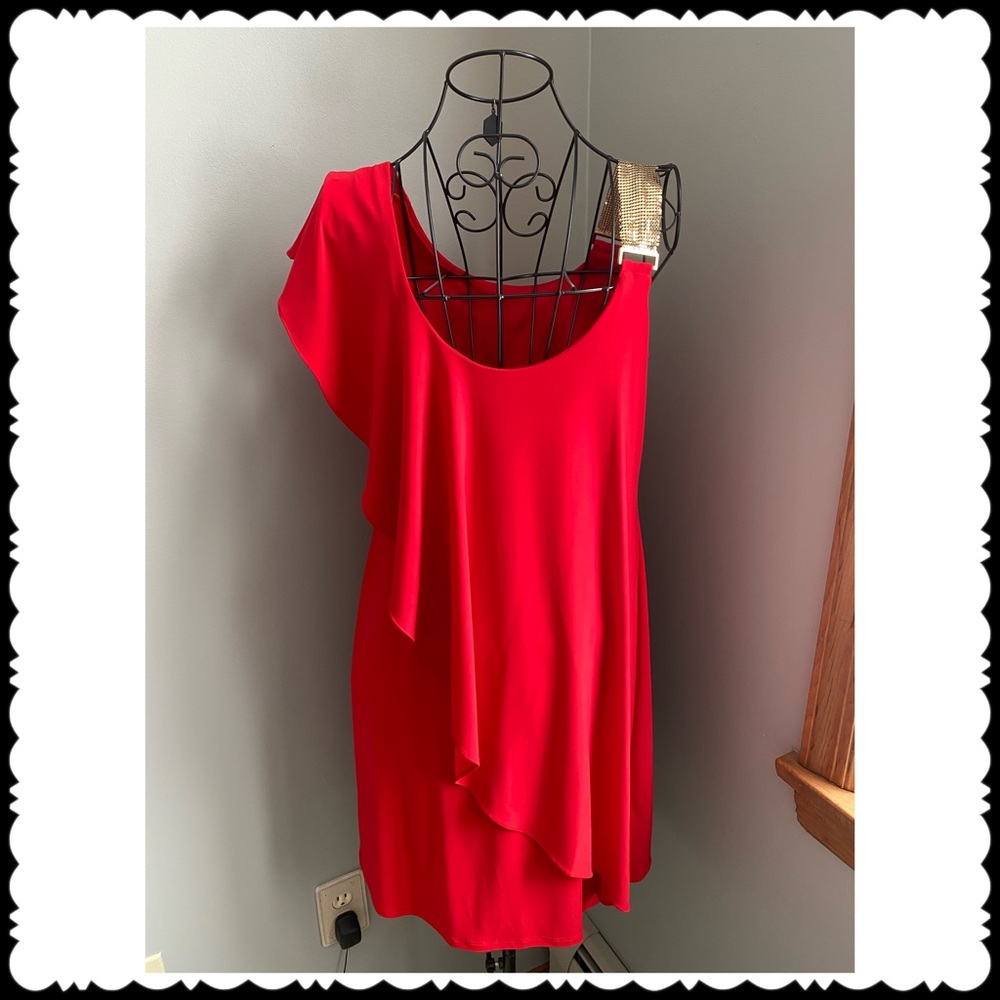 Red dress with gold shoulder strap